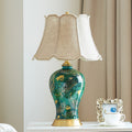 Ceramic bedside table lamp with a white fabric shade and warm-toned base