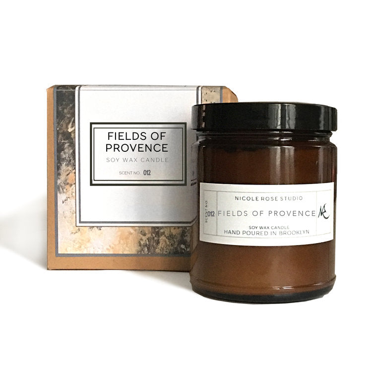 Soy candle in glass jar with purple floral label, Fields of Provence scent