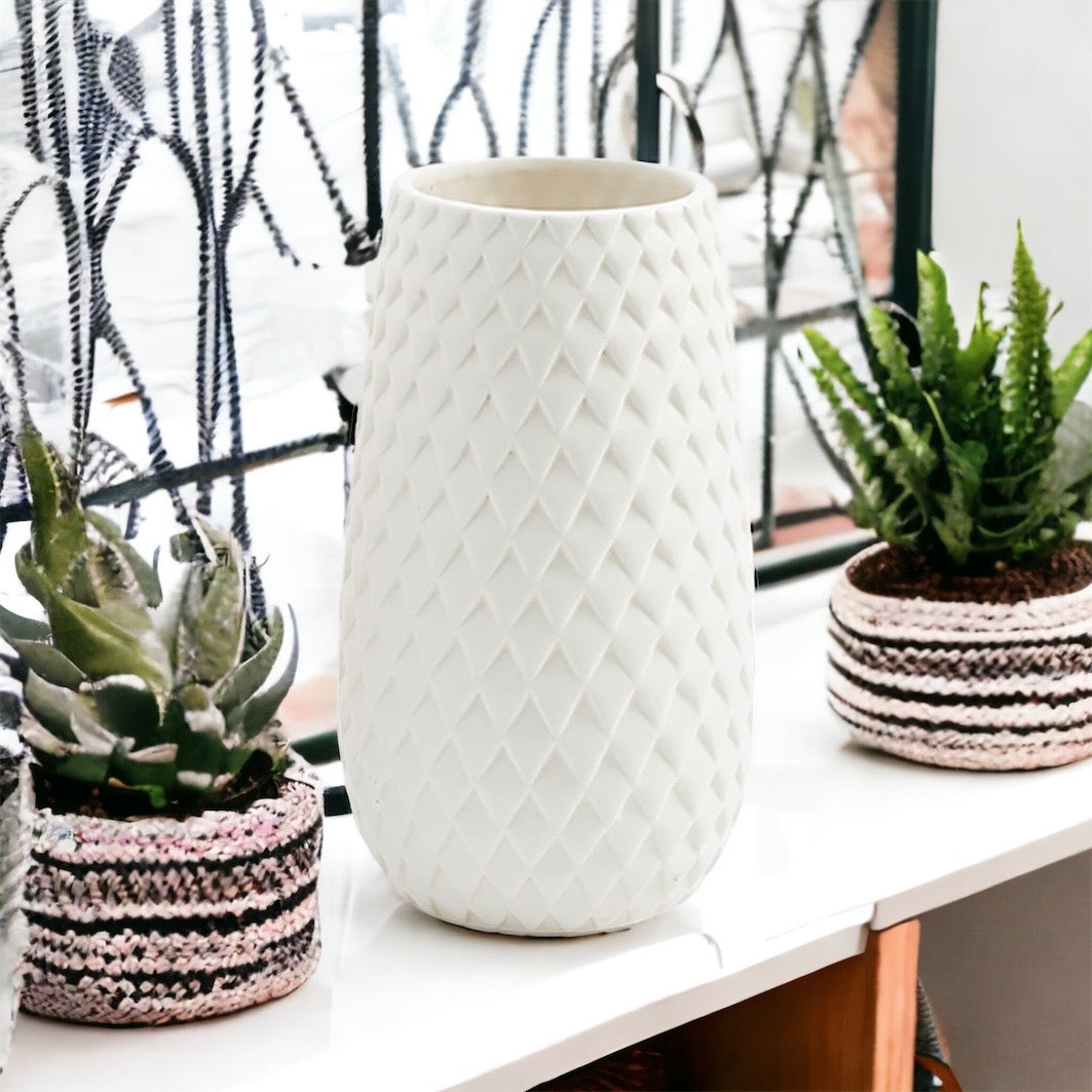 Diamond Weave Dolomite Vase, White