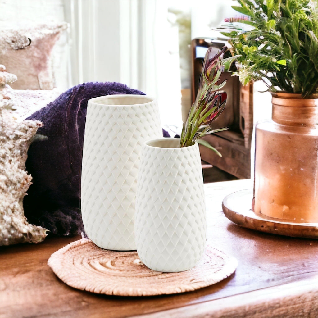 Diamond Weave Dolomite Vase, White