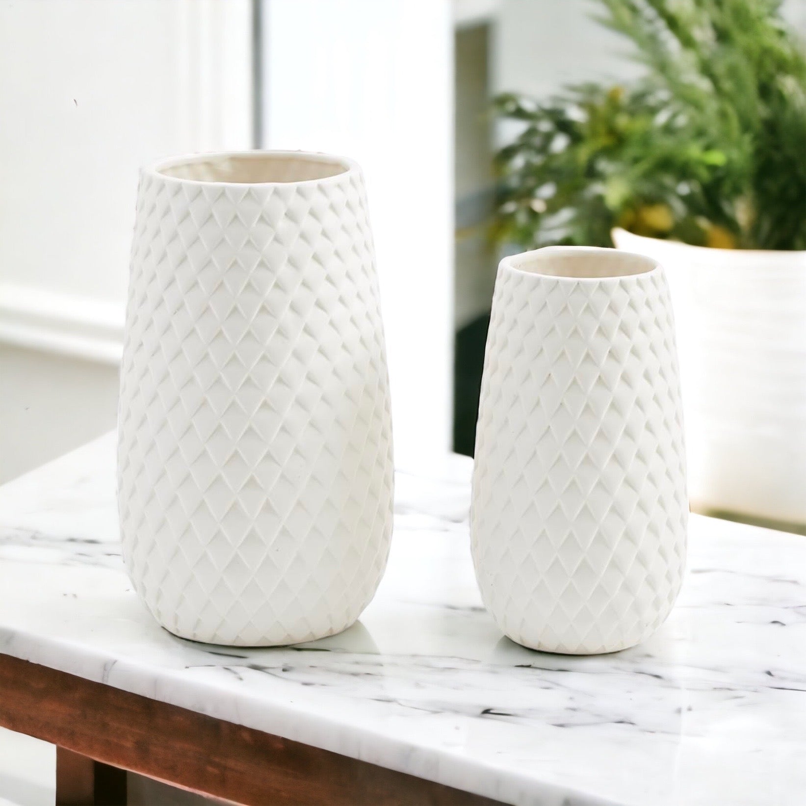 Diamond Weave Dolomite Vase, White