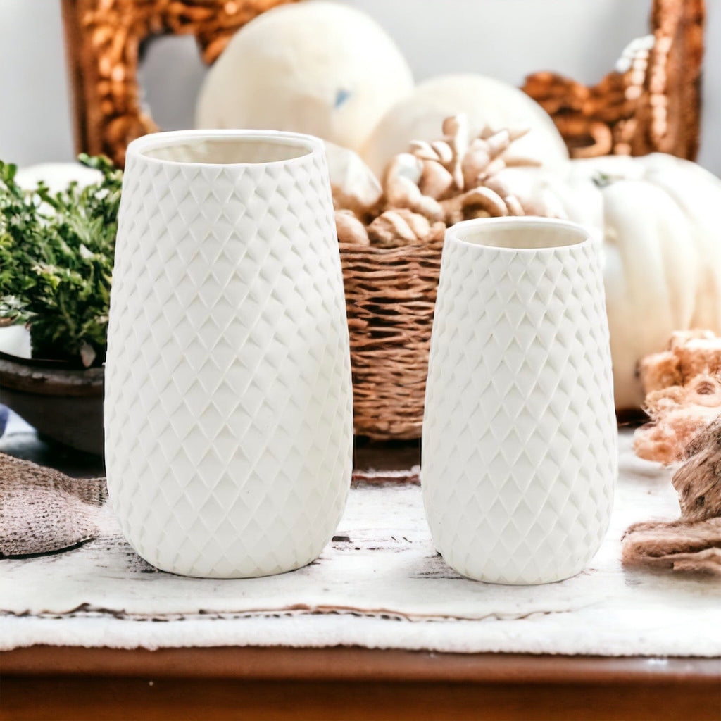 White dolomite vase with diamond weave textured surface pattern