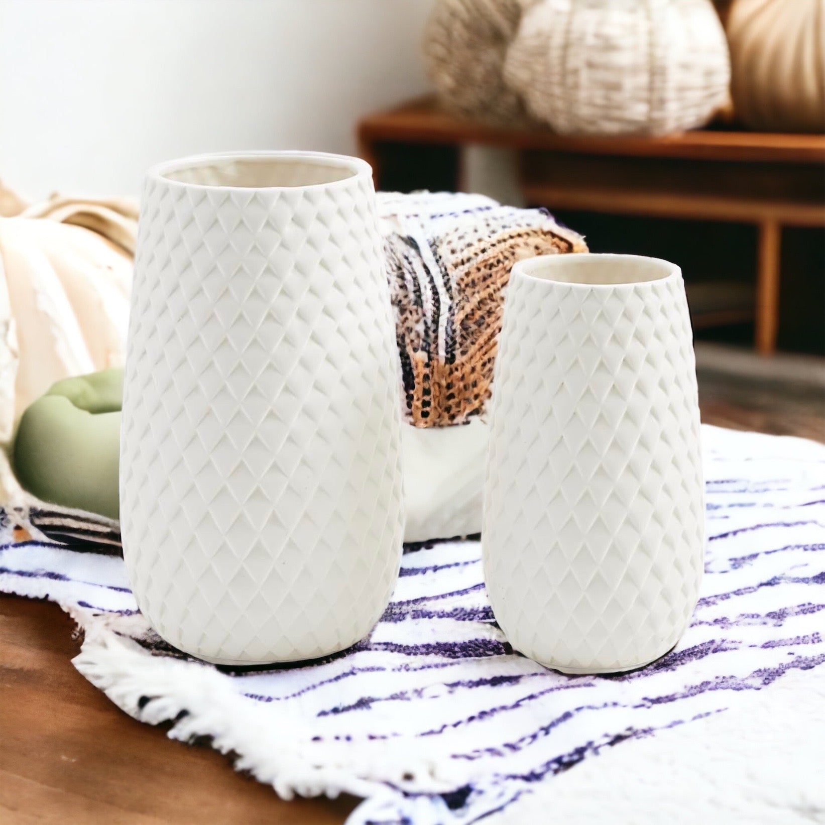 Diamond Weave Dolomite Vase, White