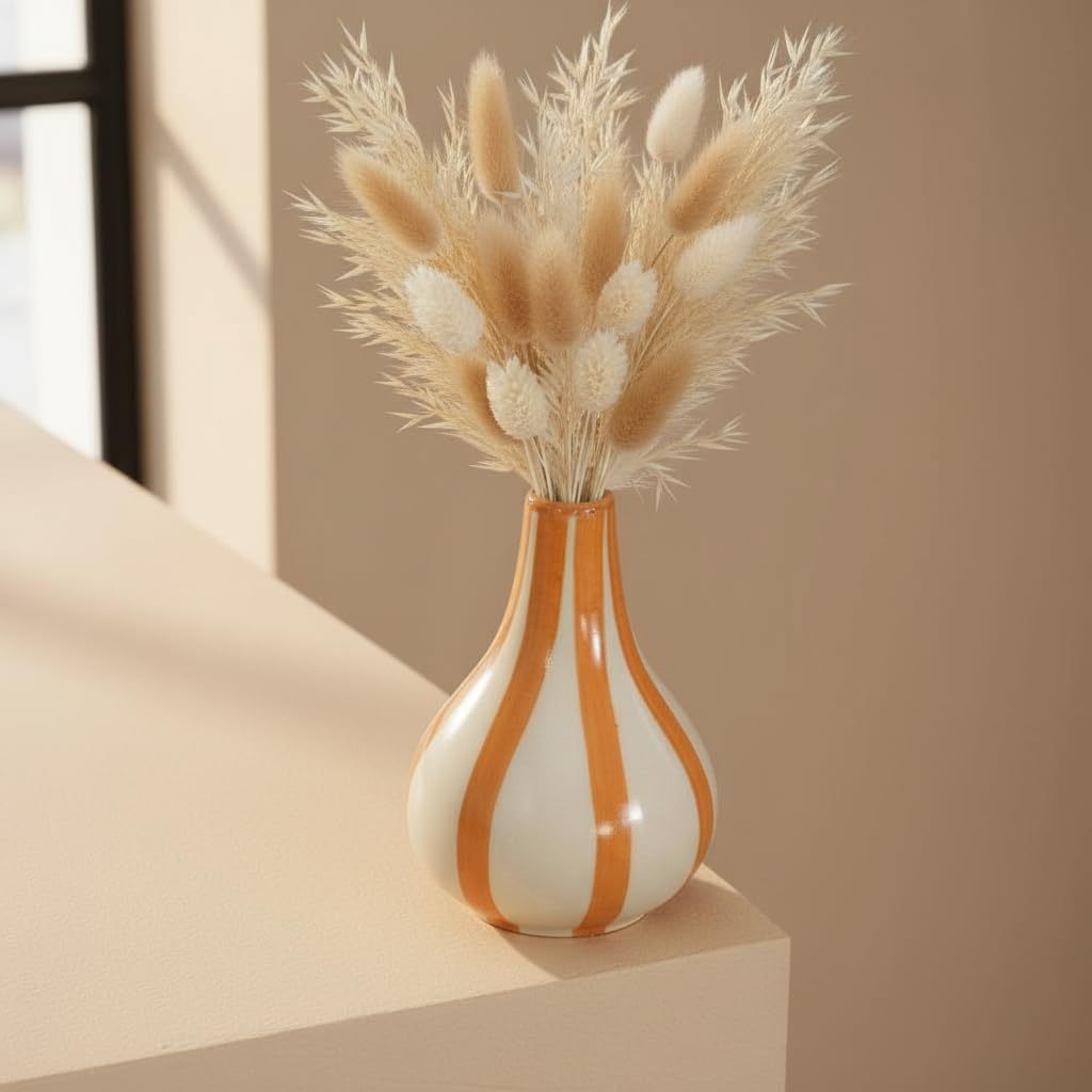 Yellow and white ceramic tulip bud vase standing 6 inches tall