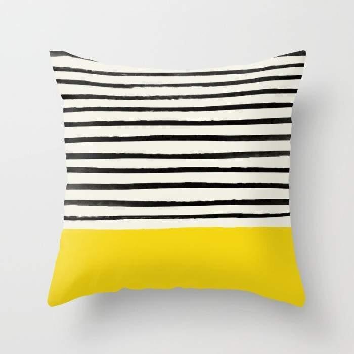 Yellow and white striped cushion cover with envelope back closure